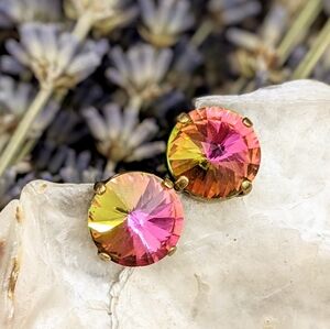 Large Volcano Pink & Green Sparkling Swarovski Crystal Stud Earrings In Brass